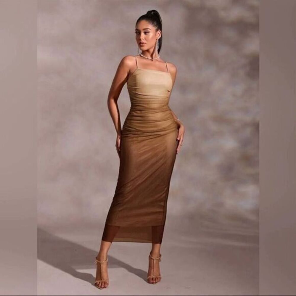 COMMENSE Cappuccino Ombre Mesh‎ Zippered Long Dress Size S
